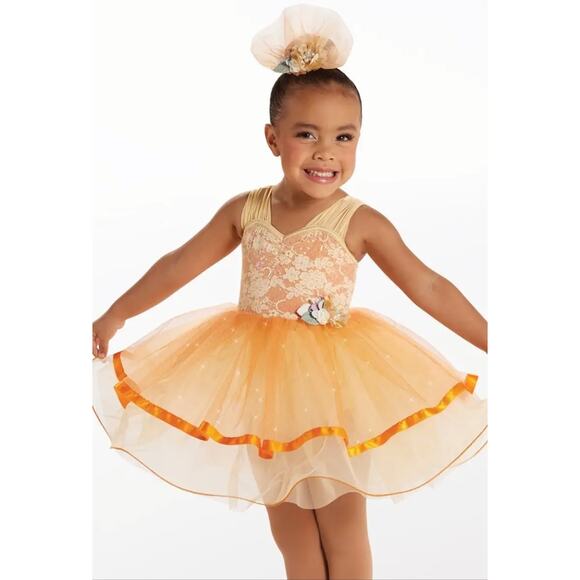 WEISSMAN Showtime 17022 Orange Floral Lace Sequin Tutu Dance Costume XSC 4/5 - Picture 1 of 15